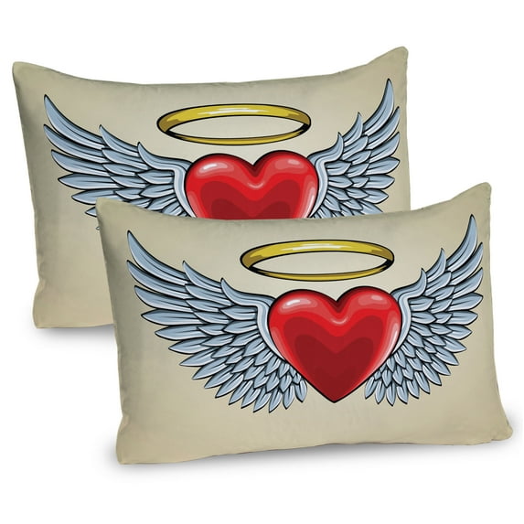 Ambesonne Wings Print Pillow Sham 2 Pack, Doodle Heart with Love, 26"x20", Pale Azure Blue and Scarlet