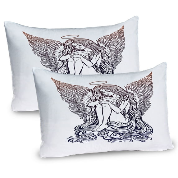 Ambesonne Wings Print Pillow Sham 2 Pack, Long Hair Girl and Halo, 36"x20", Dark Purple and Eggplant