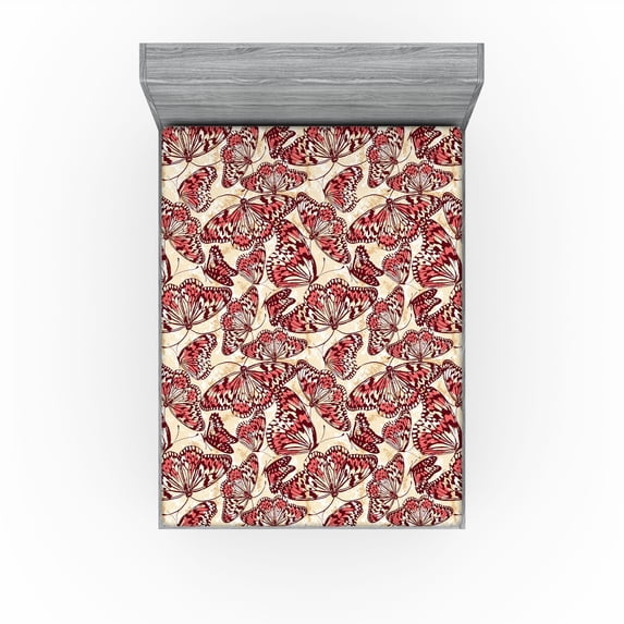 Ambesonne Wings of Spring Fitted Sheet, Modern Butterfly, Queen Size, Dark Coral Peach Paprika