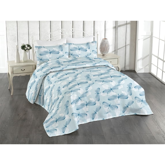Ambesonne Wings of Spring Quilted Bedspread Set 3 Pcs, Simple Butterflies, Queen, Soft Blue Off White
