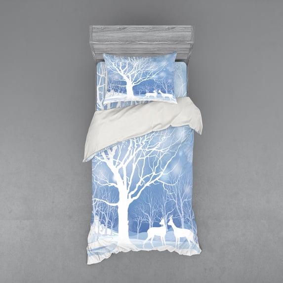 Ambesonne Winter Bedding Set 3 Pcs, Abstract Winter Deer, Twin XL, Blue White