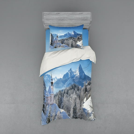 Ambesonne Winter Bedding Set 3 Pcs, Bavaran Alps Germany, Twin, Blue White