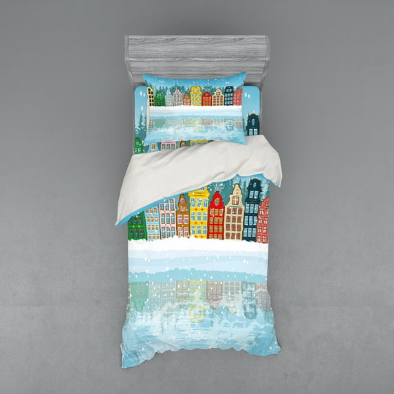 Ambesonne Winter Bedding Set 3 Pcs, Christmas Houses Sea, Twin, Multicolor