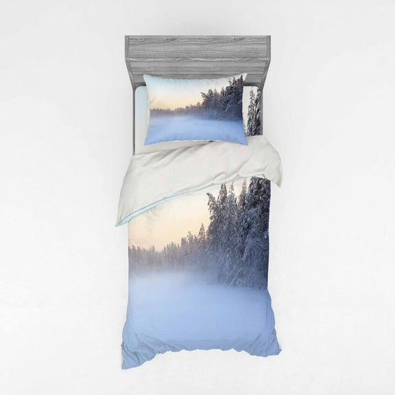 Ambesonne Winter Bedding Set 3 Pcs, Frozen Lake in Woods, Twin, White Green