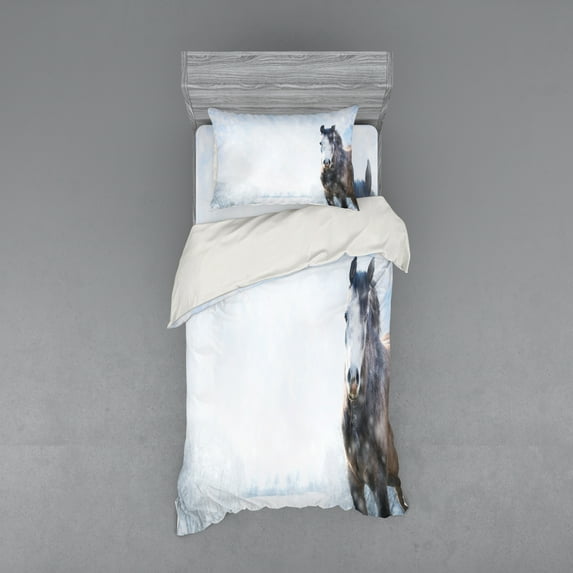Ambesonne Winter Bedding Set 3 Pcs, Grey Horse Snow Scenery, Twin, White Brown