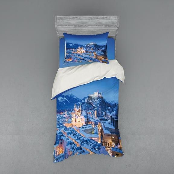 Ambesonne Winter Bedding Set 3 Pcs, Historic City Salzburg, Twin, Blue Peach
