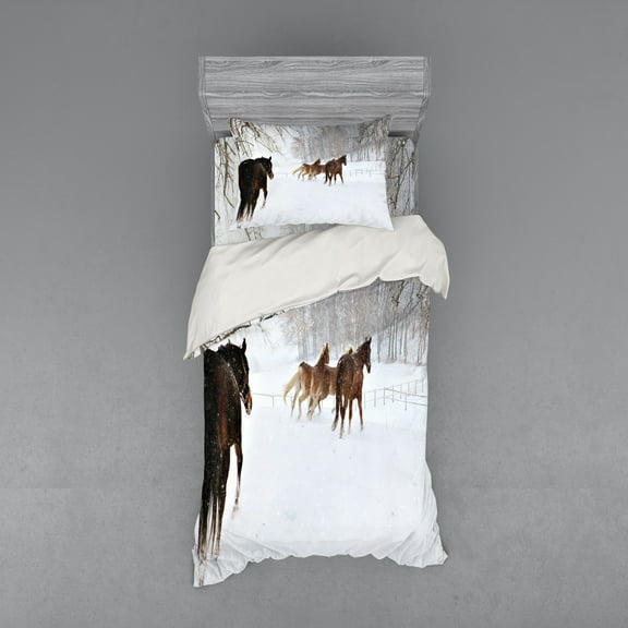 Ambesonne Winter Bedding Set 3 Pcs, Horses in Snowy Forest, Twin XL, Brown White