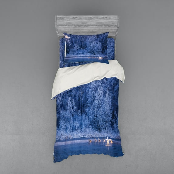 Ambesonne Winter Bedding Set 3 Pcs, Idyllic Nature Rural, Twin XL, Blue