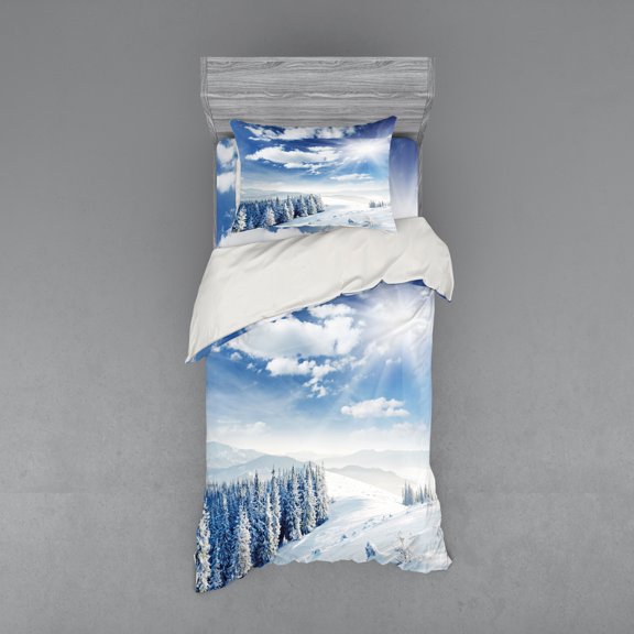 Ambesonne Winter Bedding Set 3 Pcs, Idyllic Snow Mountain, Twin, Pale Blue White