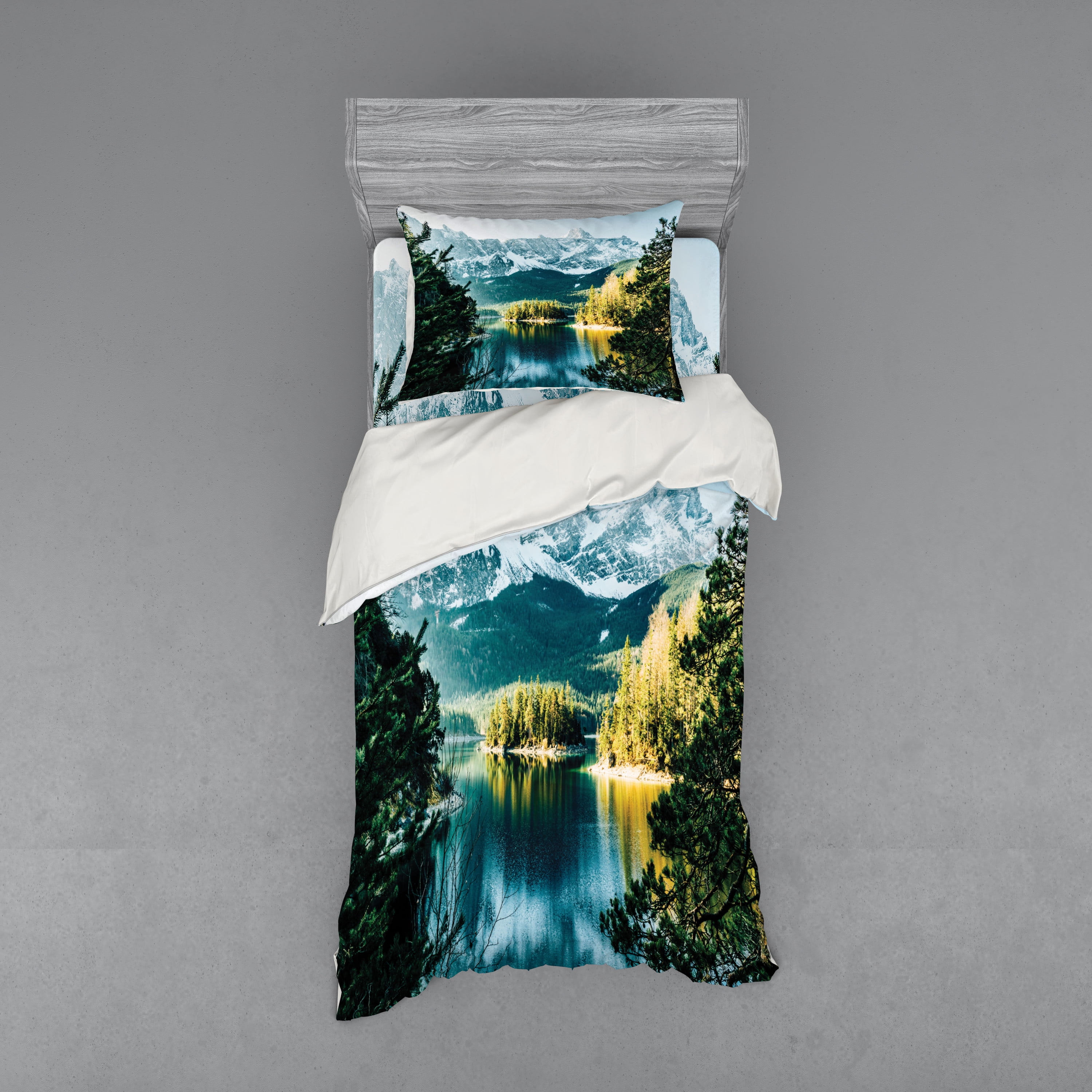 Twin XL Green Blue Landscape Mountain Duvet Cover Set