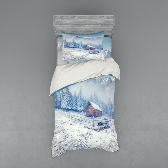 Ambesonne Winter Bedding Set 3 Pcs, Old Farmhouse Rustic, Twin, Caramel White Blue