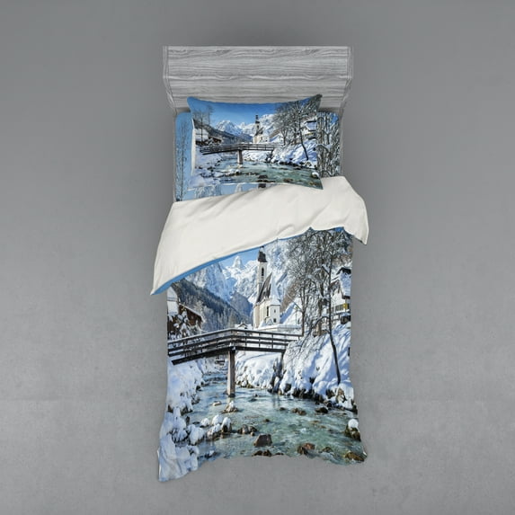 Ambesonne Winter Bedding Set 3 Pcs, Scenic View Panorama, Twin XL, Blue Brown White