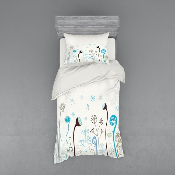 Ambesonne Winter Bedding Set 3 Pcs, Seasonal Flowers, Twin, Blue Brown White
