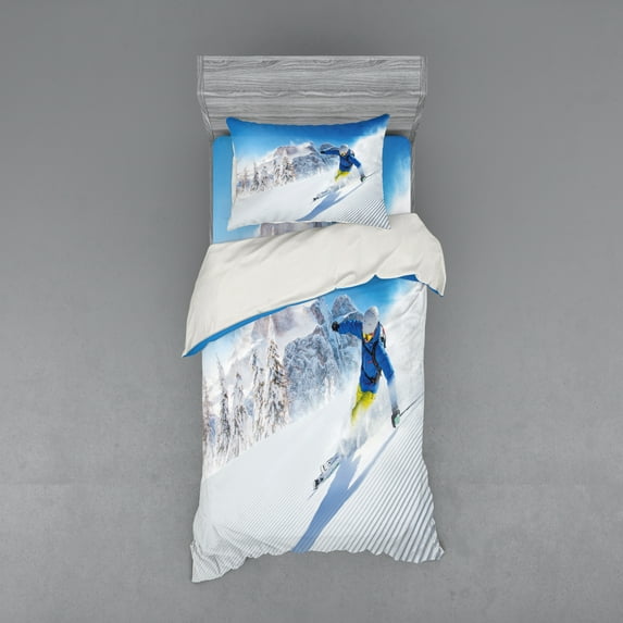 Ambesonne Winter Bedding Set 3 Pcs, Skiing Extreme Sports, Twin, Blue White Yellow