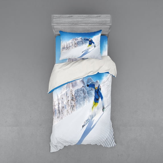 Ambesonne Winter Bedding Set 3 Pcs, Skiing Extreme Sports, Twin XL, Blue White Yellow