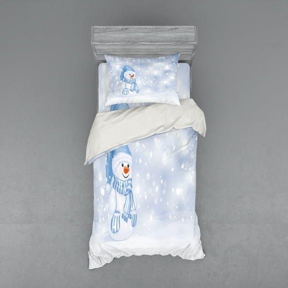 Ambesonne Winter Bedding Set 3 Pcs, Snowman Cartoon, Twin, Pale Blue White