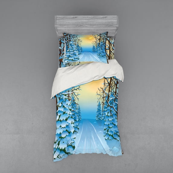 Ambesonne Winter Bedding Set 3 Pcs, Snowy Forest Path Landscape, Twin, Blue Yellow