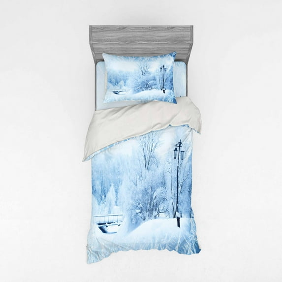 Ambesonne Winter Bedding Set 3 Pcs, Wonderland Xmas Holiday, Twin XL, Blue White