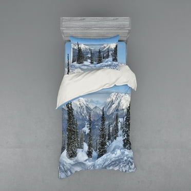 Ambesonne Winter Bedding Set 3 Pcs, Woodland Snowy Mountain, Twin, White Green