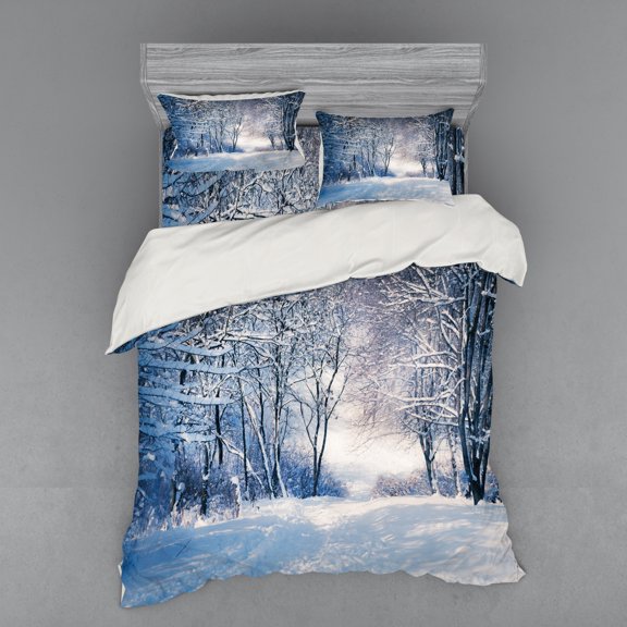 Ambesonne Winter Bedding Set 4 Pcs, Alley in Snowy Forest, Queen, Blue Black White