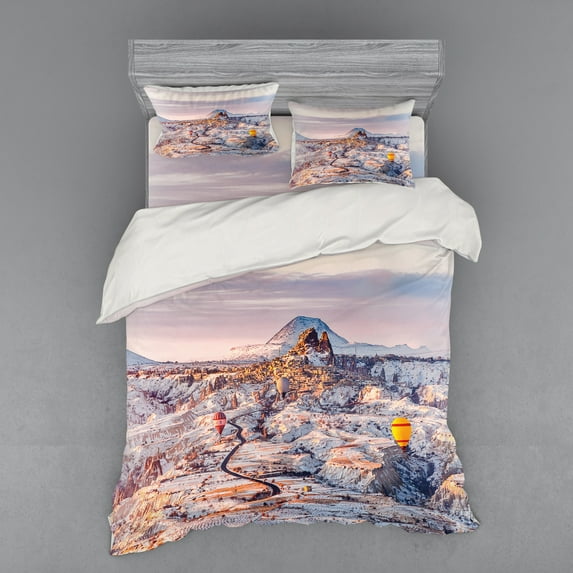 Ambesonne Winter Bedding Set 4 Pcs, Cappadocia Turkey Valley, Queen, Multicolor