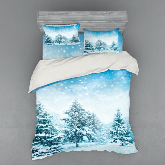 Ambesonne Winter Bedding Set 4 Pcs, Fir Trees Mountainside, Queen, Blue White