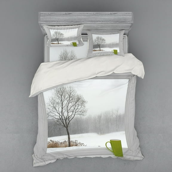 Ambesonne Winter Bedding Set 4 Pcs, Green Teacup and Window, Queen, Apple Green Beige White