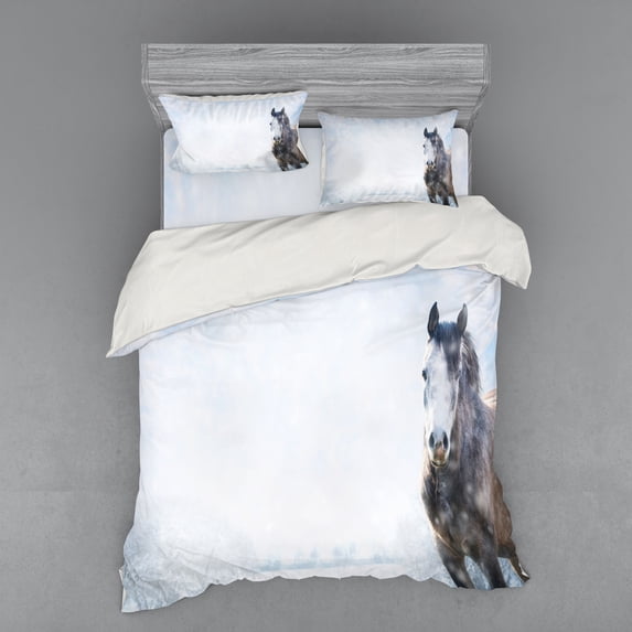 Ambesonne Winter Bedding Set 4 Pcs, Grey Horse Snow Scenery, Queen, White Brown