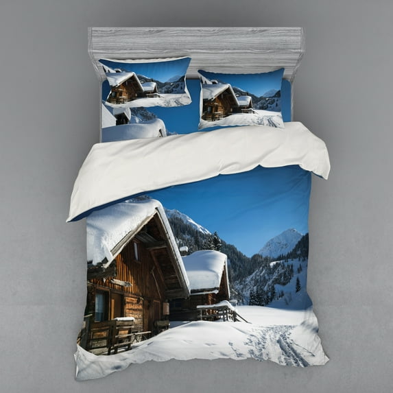 Ambesonne Winter Bedding Set 4 Pcs, Houses Austria Mountains, Queen, Brown Blue White
