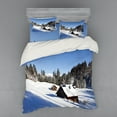 thumbnail image 1 of Ambesonne Winter Bedding Set 4 Pcs, Log Cabins in Mountains, Queen, Blue Brown White, 1 of 3