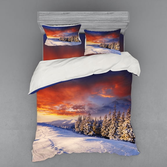 Ambesonne Winter Bedding Set 4 Pcs, Mountains Pine Trees, Queen, Orange White