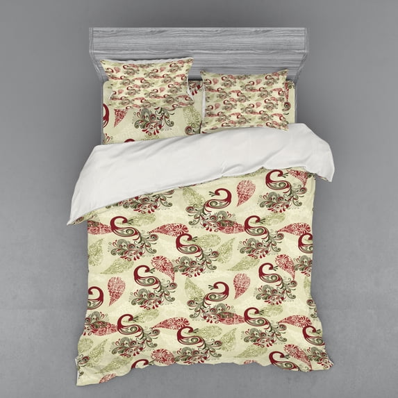 Ambesonne Winter Bedding Set 4 Pcs, Peacocks and Snowflakes, Queen, Ruby Olive Green Cream