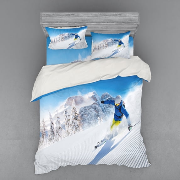 Ambesonne Winter Bedding Set 4 Pcs, Skiing Extreme Sports, Queen, Blue White Yellow