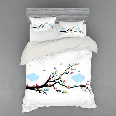Ambesonne Winter Bedding Set 4 Pcs, Winged Birds on Tree, Queen, Multicolor