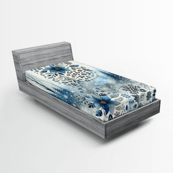 Ambesonne Winter Blue Fitted Sheet, Frosty Flowers Leopard, Twin Size, Slate Blue Pale Tan and White