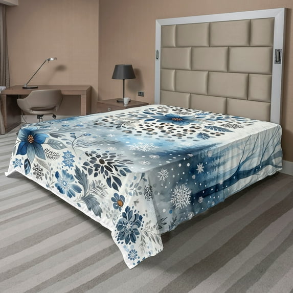 Ambesonne Winter Blue Flat Sheet, Frosty Flowers Leopard, King Size, Slate Blue Pale Tan and White
