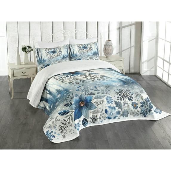Ambesonne Winter Blue Quilted Bedspread Set 3 Pcs, Frosty Flowers Leopard, Queen Size, Slate Blue Pale Tan and White