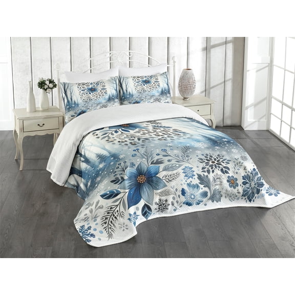 Ambesonne Winter Blue Quilted Bedspread Set 3 Pcs, Frosty Flowers Leopard, Queen Size, Slate Blue Pale Tan and White