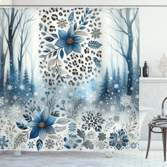 Ambesonne Winter Blue Shower Curtain, Frosty Flowers Leopard, 69"Wx75"L, Slate Blue Pale Tan and White