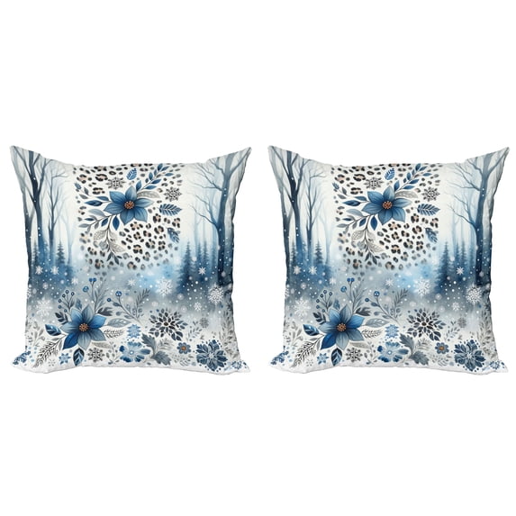 Ambesonne Winter Blue Throw Pillow Cover 2 Pack, Frosty Flowers Leopard, 24", Slate Blue Pale Tan and White