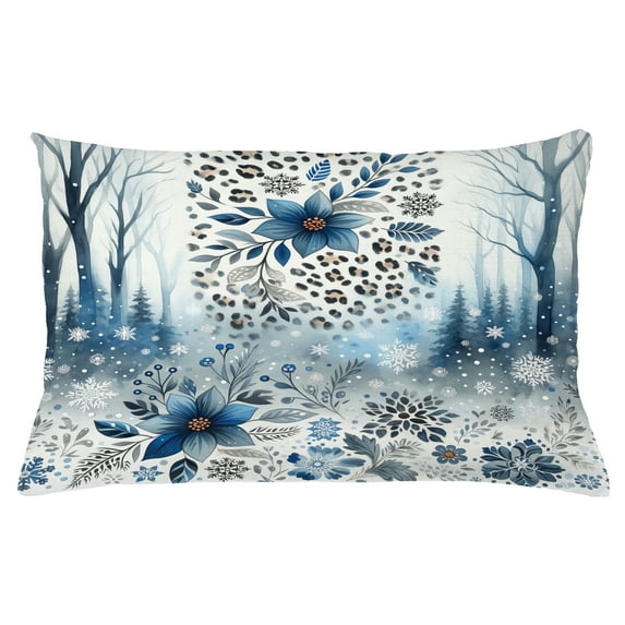 Ambesonne Winter Blue Throw Pillow Cushion Cover, Frosty Flowers Leopard, 26" X 16", Slate Blue Pale Tan and White