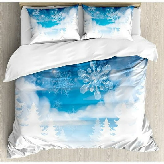 Ambesonne Winter Christmas Trees Setting with Snowflakes and Stars New Year Graphic Image Duvet Cover Set