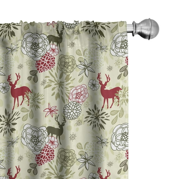 Ambesonne Winter Curtains, Deer Flowers Christmas, Pair of 28"x63", Olive Green Pale Green