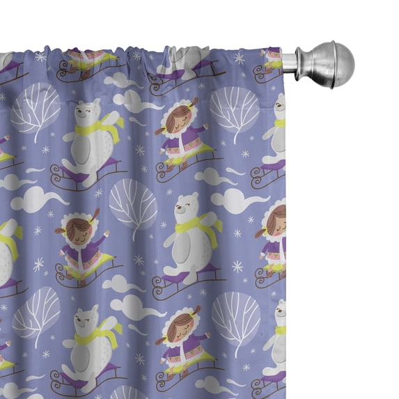 Ambesonne Winter Curtains, Funny Eskimo Bear on Sled, Pair of 28"x95", Lavender Blue Lime Green