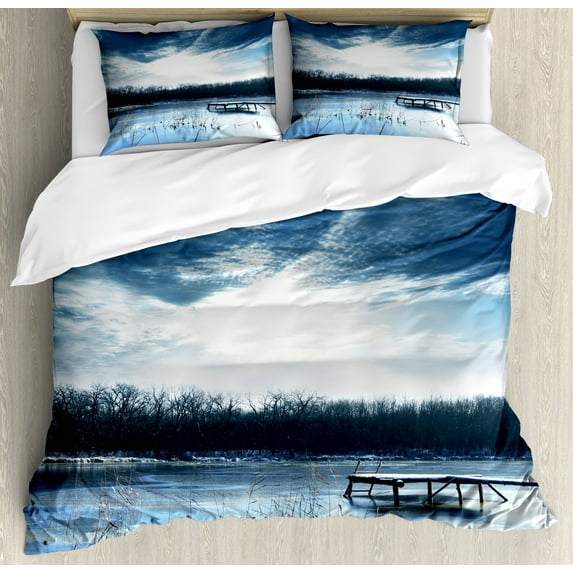 Ambesonne Winter Duvet Cover Set, Blue Mountain Lake Scene, 2-Calking, Purple Grey Slate Blue