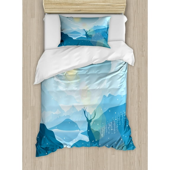 Ambesonne Winter Duvet Cover Set, Deer Along Antlers Design, Twin, Petrol Blue Pale Yellow