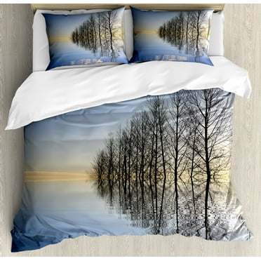 Ambesonne Winter Duvet Cover Set, Frozen Lake in Nature, Calking, Blue Brown
