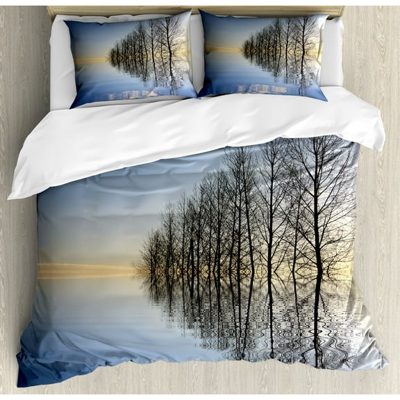 Ambesonne Winter Duvet Cover Set, Frozen Lake in Nature, Calking, Blue Brown