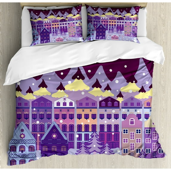 Ambesonne Winter Duvet Cover Set, Houses under Snow Xmas Eve, Queen, Plum Lavender Cream