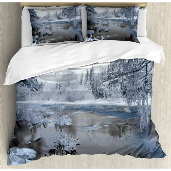 Ambesonne Winter Duvet Cover Set, Nordic Snow Nature Icy, 2-Calking, White Dark Taupe
